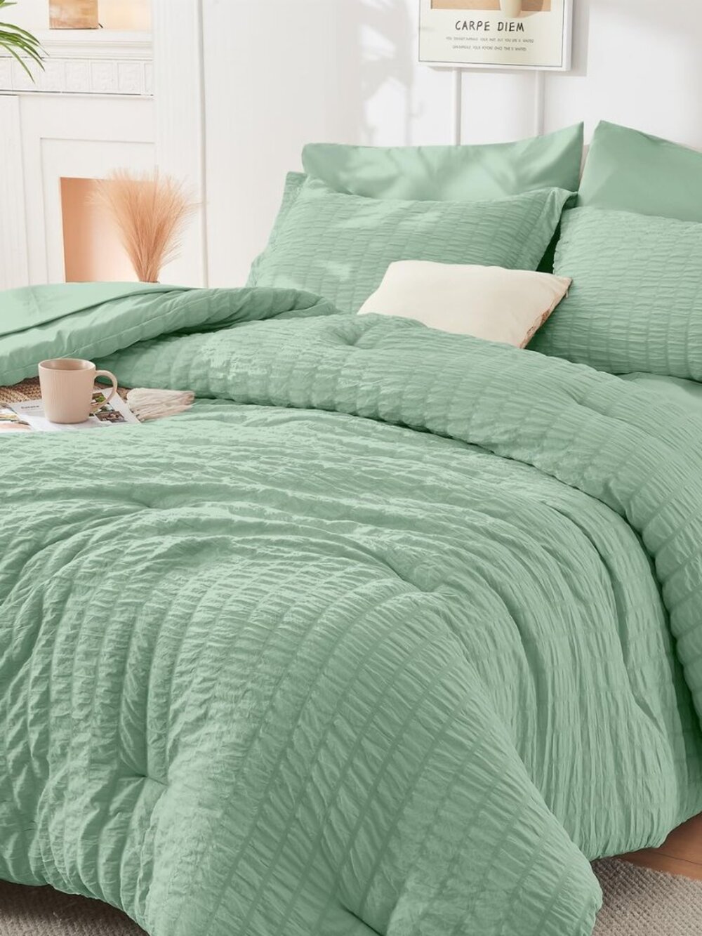 Queen Comforter Set - 7PCS Bed in a Bag, Seersucker Bedding Set, Sage Green